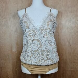 NWT Leyden Nude Body Suit With White Floral‎ Lace Overlay Size Small